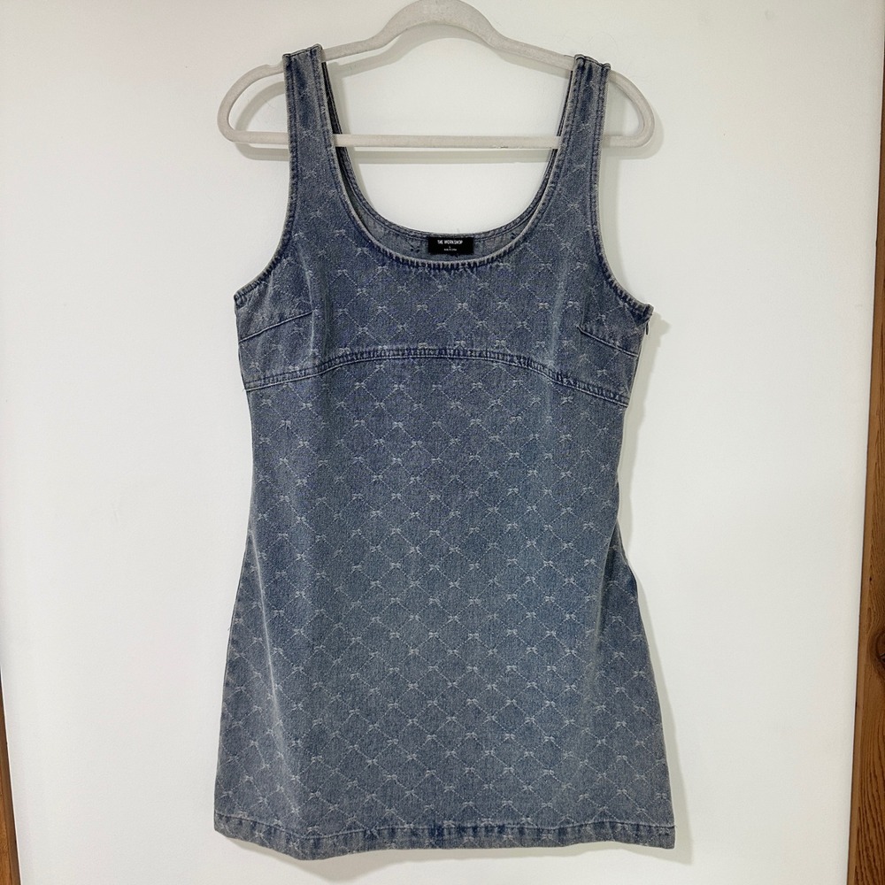 The Workshop Denim Bow Print Mini Dress Womens Large Blue‎ Acid Wash | Coquette